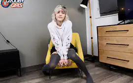 GROOBYGIRLS Blonde Tgirl with pink nipples masturbates
