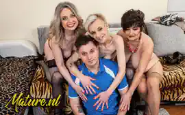 Lucky Young Guy Has His Hands Full With Three Cock Hungry Cougars!