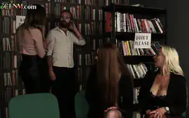CFNM booklovers giving handjob to best seller