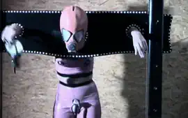 Gimp girl locked in box and pillory