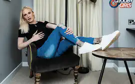 GROOBYGIRLS - Blonde Tgirl with big cock masturbates